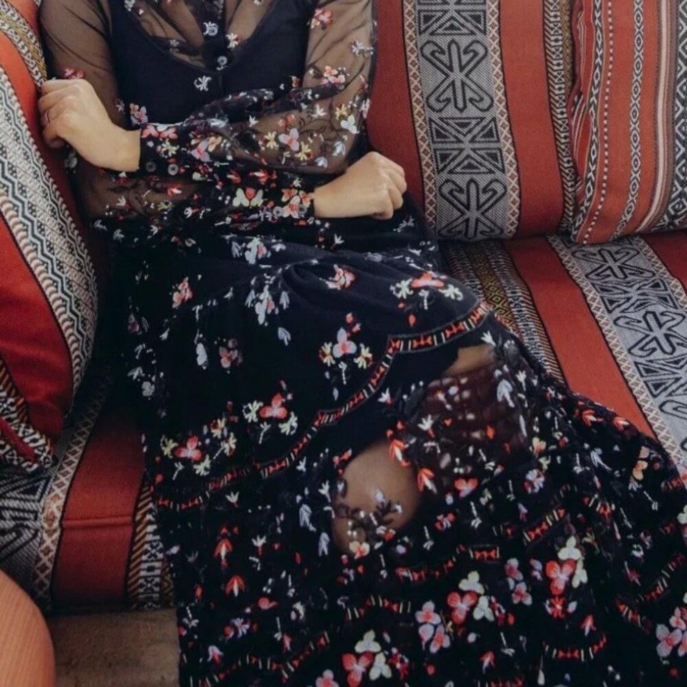 NWOT Tory Burch Embroidered Tulle Sleeveless Maxi Dress Large in Black XL $1217